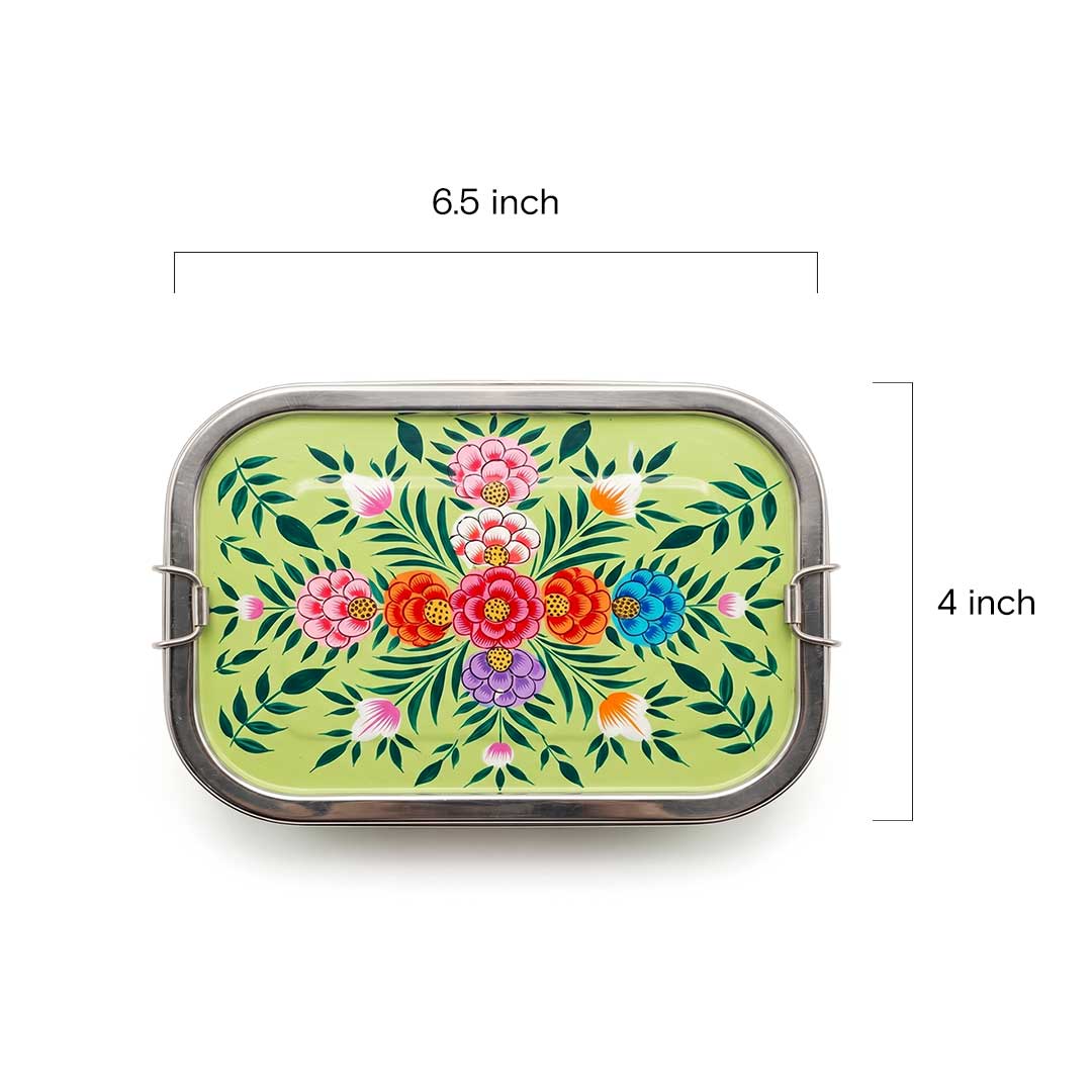 Pistachio Green Floral Hand Painted Stainless Steel Tiffin Box