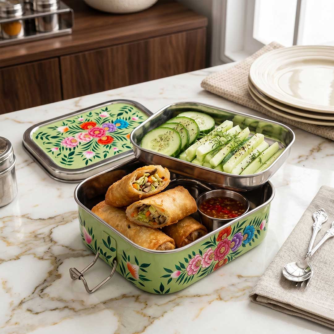 Pistachio Green Floral Hand Painted Stainless Steel Tiffin Box