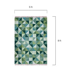 Geometric patterned rug with dimensions labeled on a white background