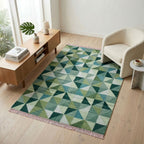 Geometric patterned rug in a living room with wooden furniture and decor.