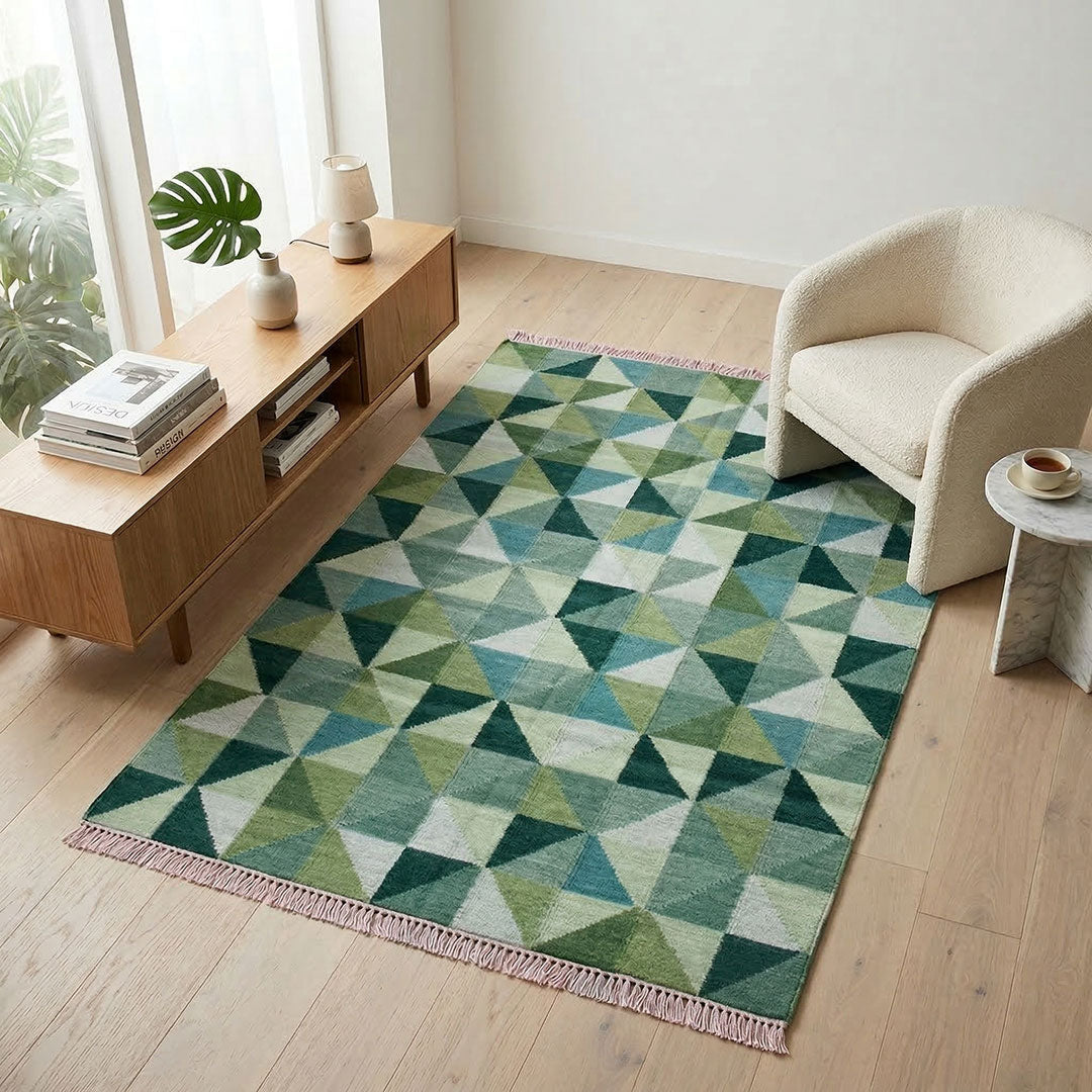 Geometric patterned rug in a living room with wooden furniture and decor.