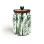 Green Leaf Pattern Ceramic Storage Jar with Wood Lid Set