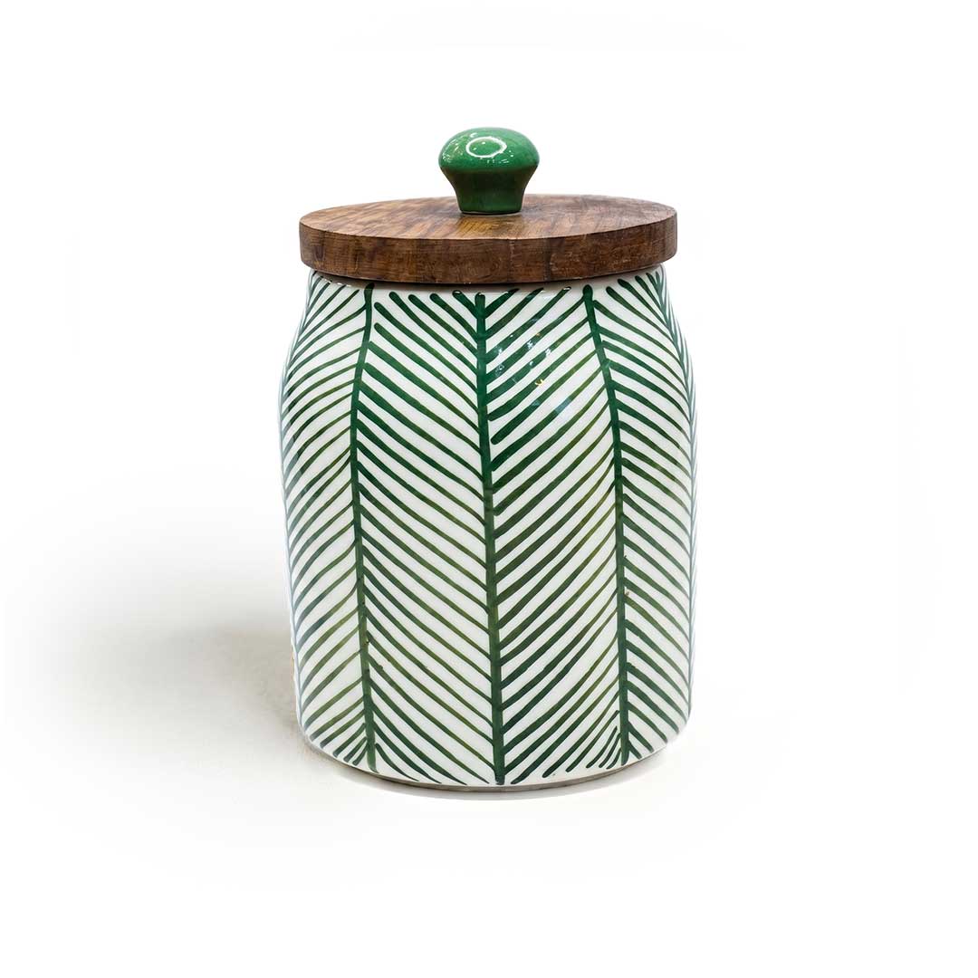 Green Leaf Pattern Ceramic Storage Jar with Wood Lid Set
