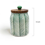 Green Leaf Pattern Ceramic Storage Jar with Wood Lid Set
