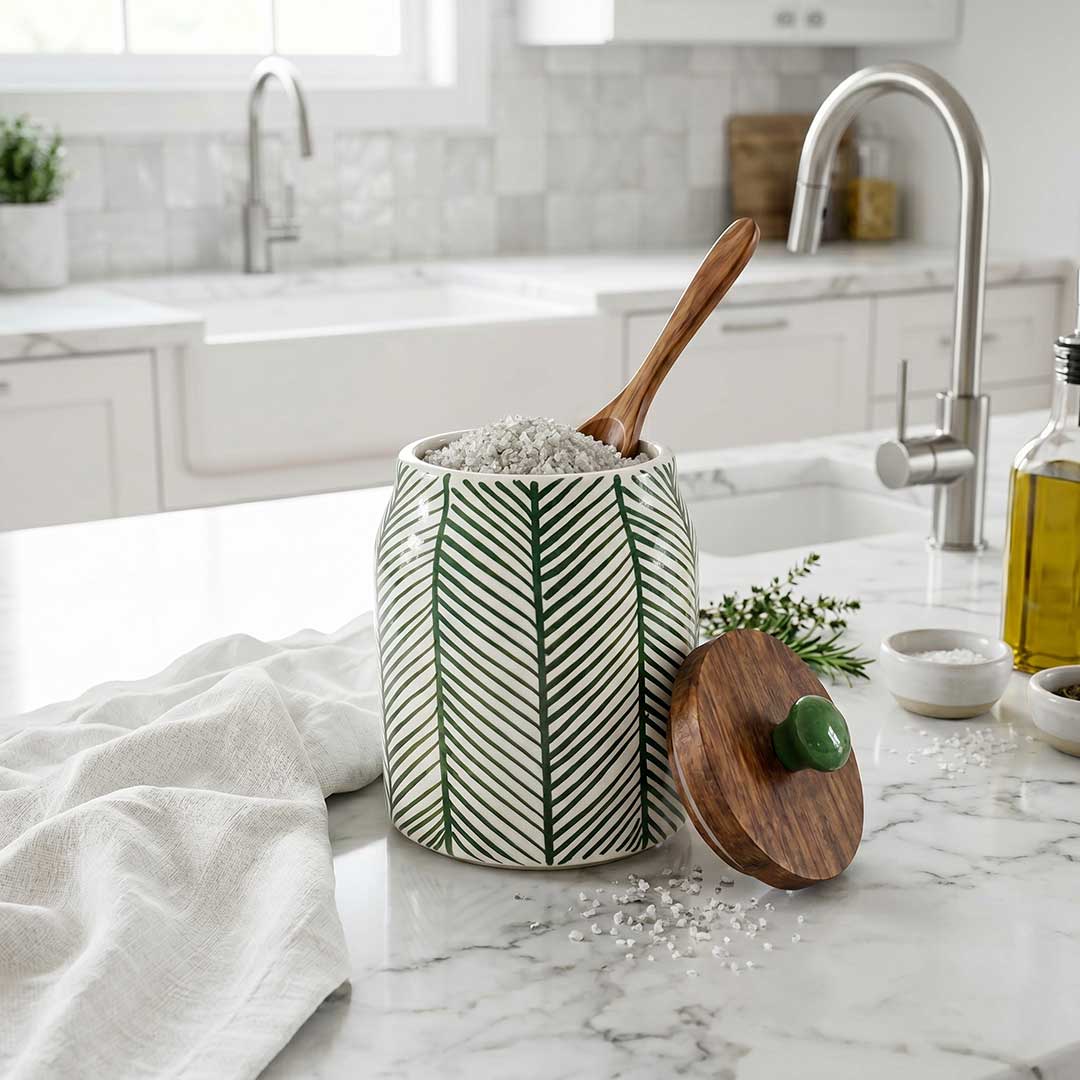 Green Leaf Pattern Ceramic Storage Jar with Wood Lid Set