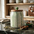 Green Leaf Pattern Ceramic Storage Jar with Wood Lid Set