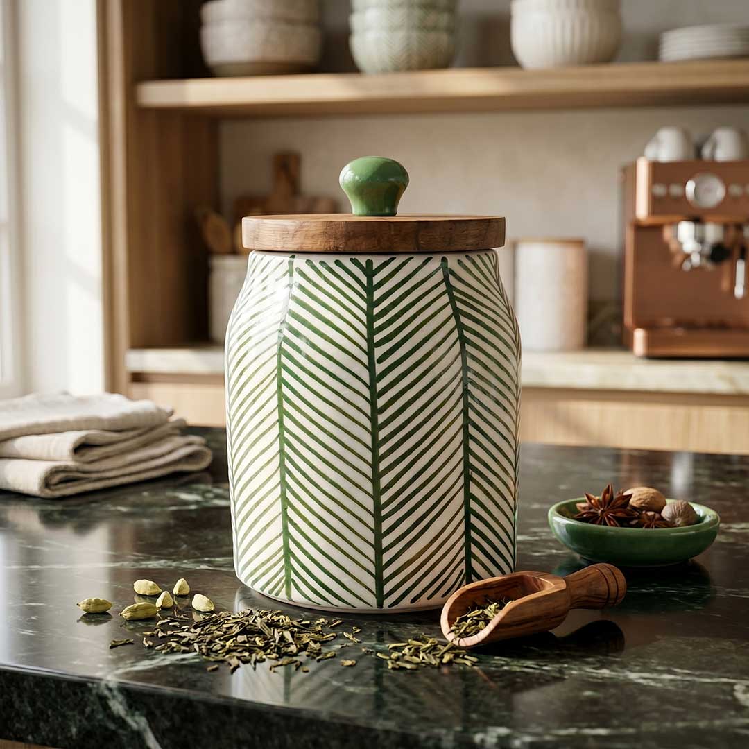 Green Leaf Pattern Ceramic Storage Jar with Wood Lid Set