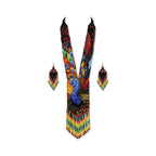 Front view of handmade beaded peacock statement necklace and matching fringe earrings on white background