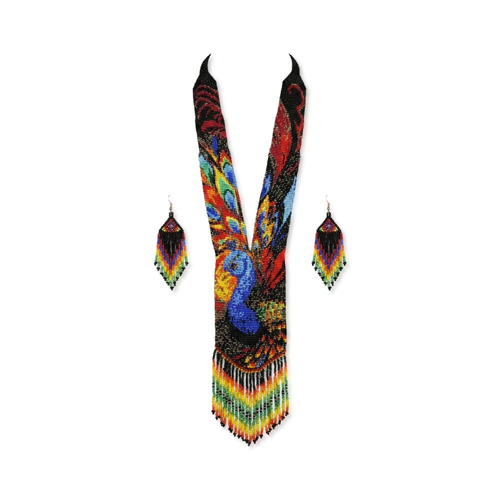 Front view of handmade beaded peacock statement necklace and matching fringe earrings on white background