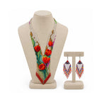 Angled side profile of the artisan beaded necklace showing the structure and drape.