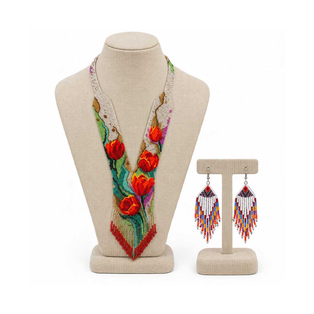 Angled side profile of the artisan beaded necklace showing the structure and drape.