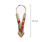 Detailed view of hand-woven glass seed beads featuring vibrant red tulips and green leaves on a cream background.