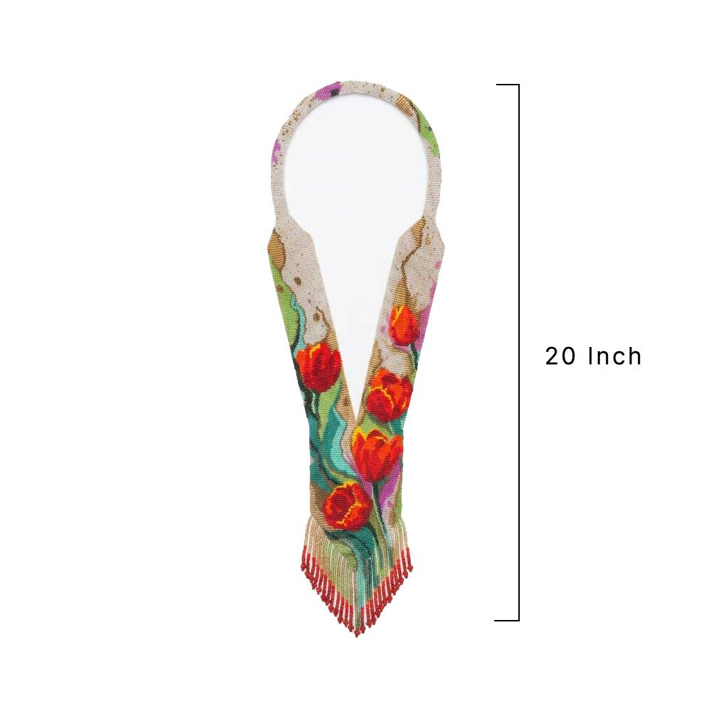 Detailed view of hand-woven glass seed beads featuring vibrant red tulips and green leaves on a cream background.