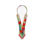 Artisan hand-beaded tulip floral necklace in a V-shape with fringed hem, front view.