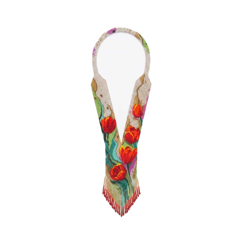 Artisan hand-beaded tulip floral necklace in a V-shape with fringed hem, front view.