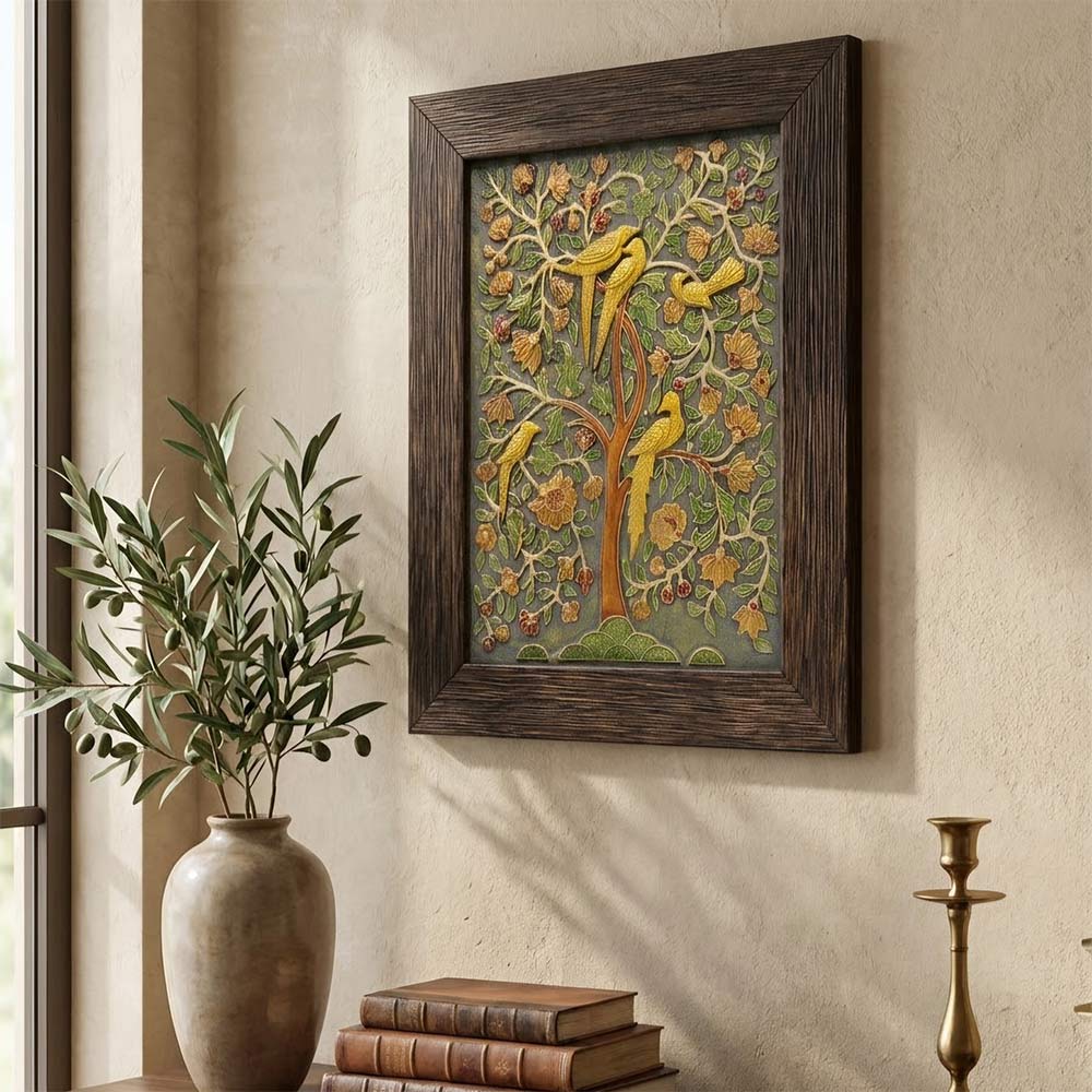 Detailed angle view of the hand-carved stone painting showcasing the texture and relief of the birds and leaves.