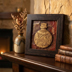 Detailed close-up of the embossed golden vase motif on the artisan stone painting.