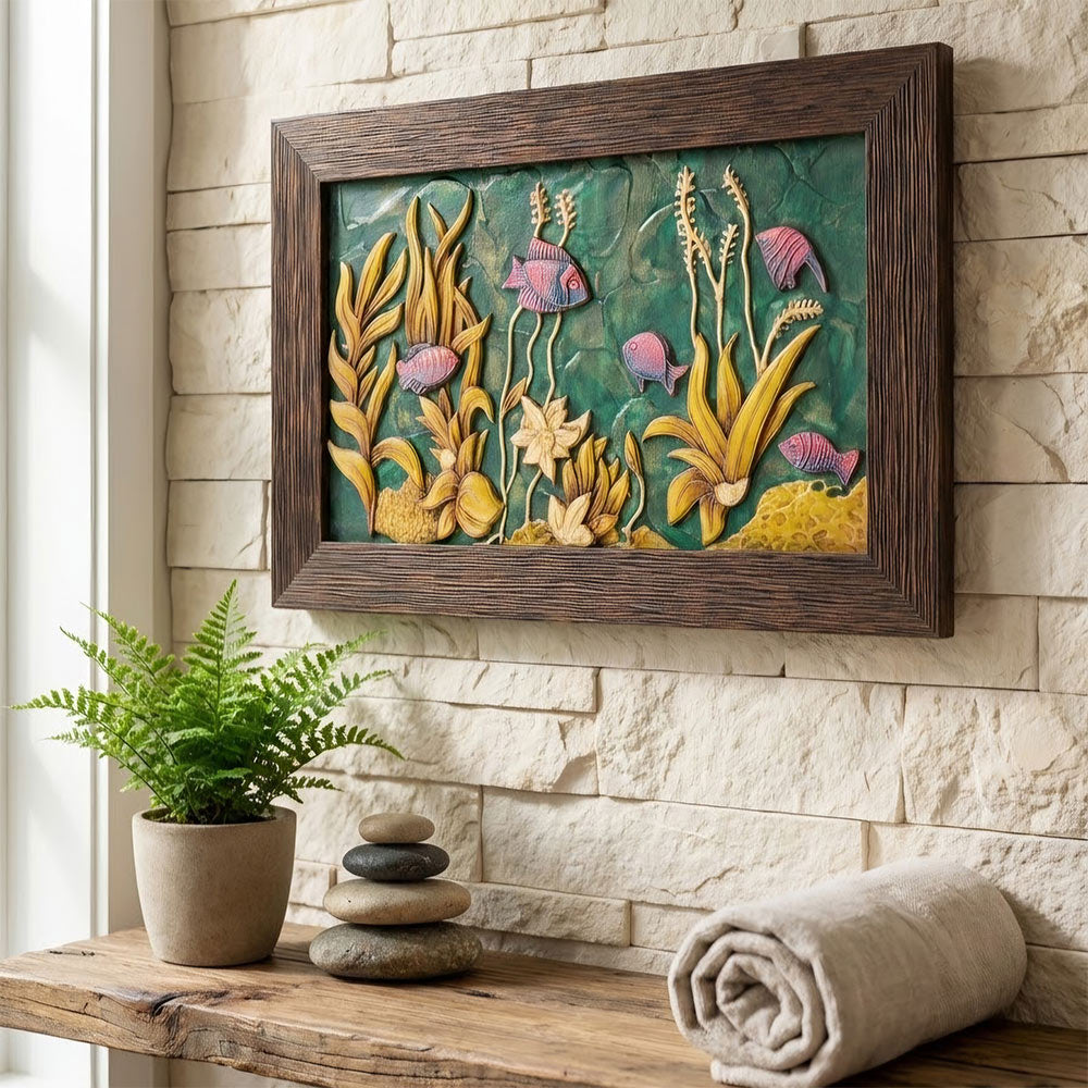 Detail view of the hand-carved stone painting showcasing the textured fish and plant relief details.