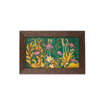 Front view of a rectangular hand-carved stone painting featuring a colorful underwater fish scene in a dark wood frame.