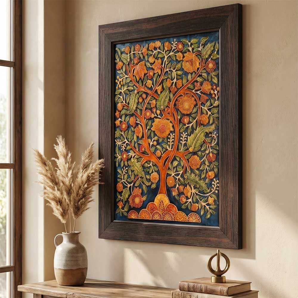 Close-up detail of the intricate hand-carved stone floral textures in the tree of life painting