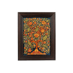 Front view of a rectangular hand-carved stone tree of life painting in a dark wood frame