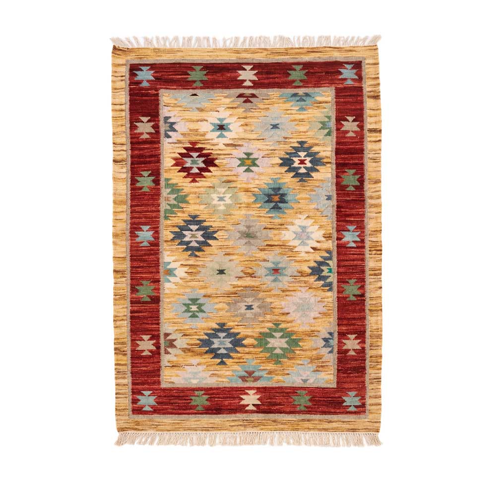 A hand-knotted Mirzapur wool area rug with a red border and multi-colored geometric tribal patterns, front view.