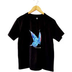 Front view of black pure cotton crewneck t-shirt featuring a hand-painted blue and purple butterfly graphic on a wooden hanger