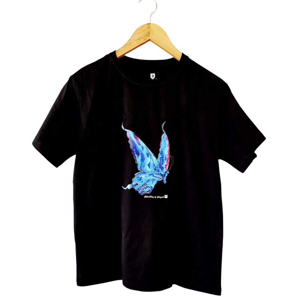 Front view of black pure cotton crewneck t-shirt featuring a hand-painted blue and purple butterfly graphic on a wooden hanger