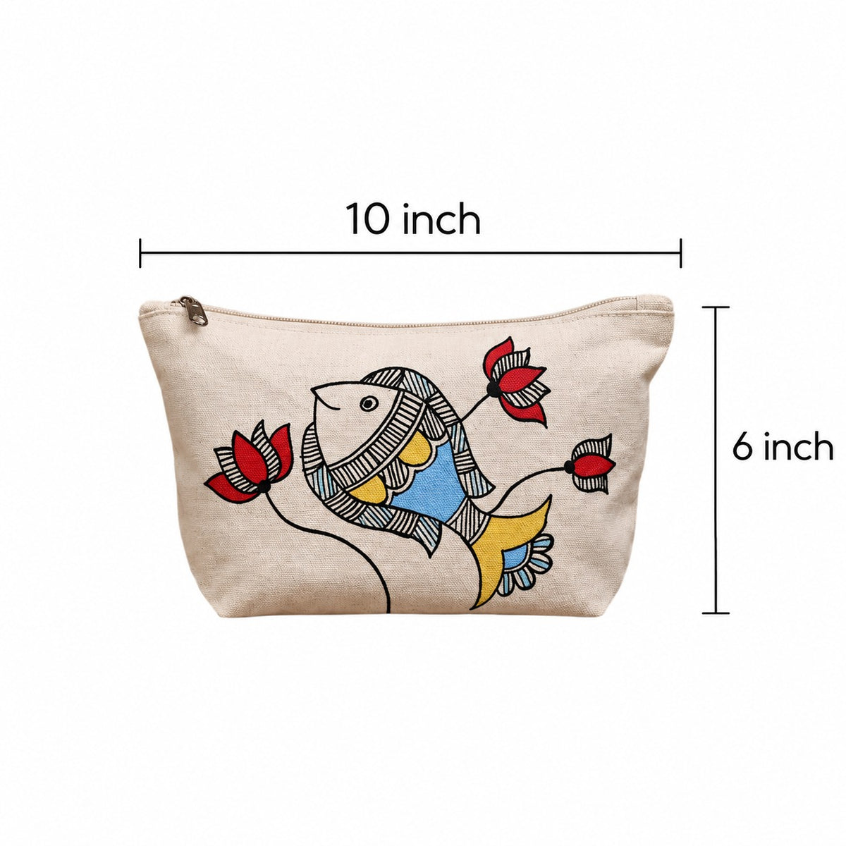Detailed view of hand-painted blue fish design and stitching on cotton pouch