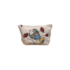 Hand-painted blue fish and lotus flowers on off-white cotton canvas zippered pouch front view