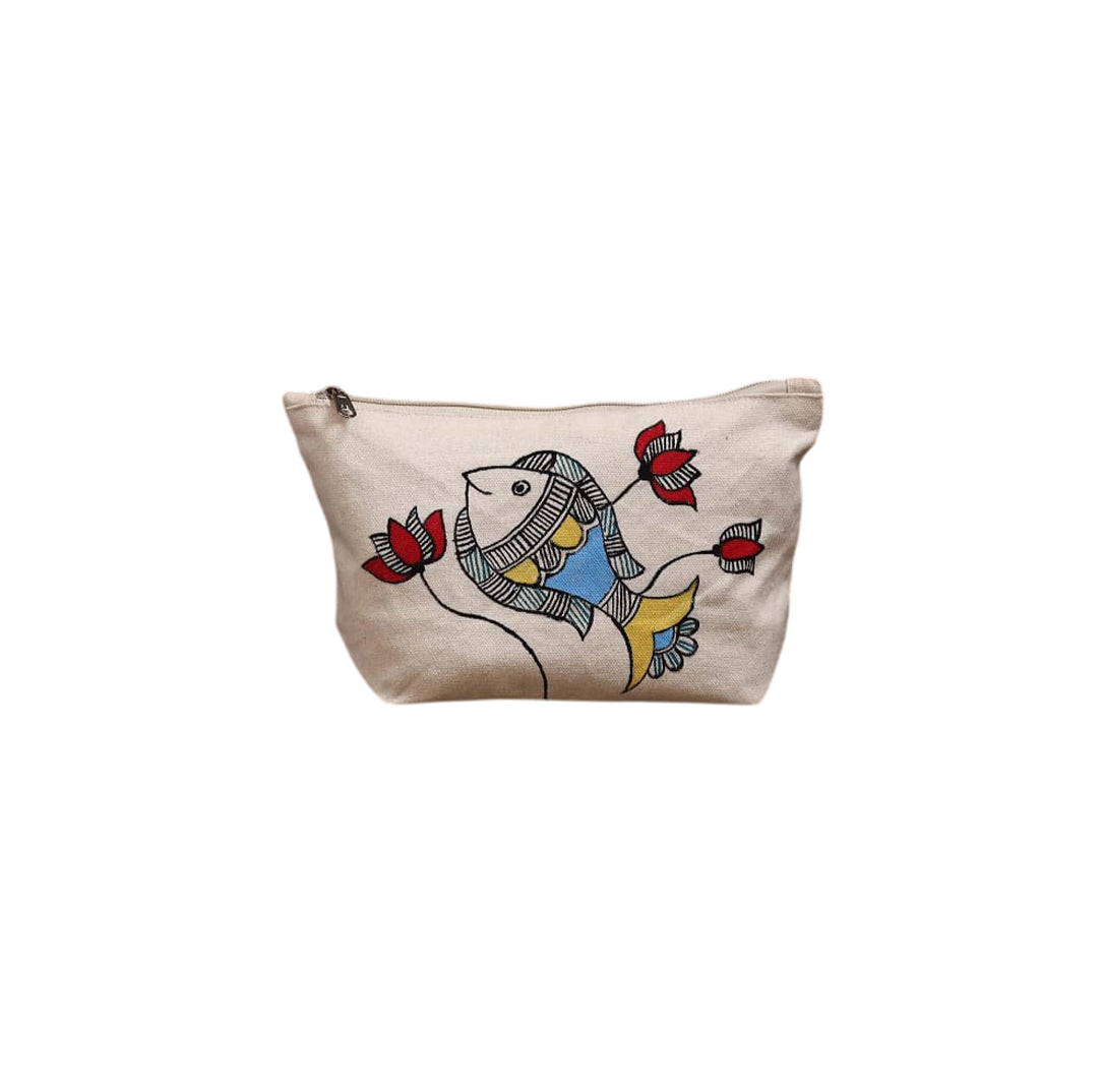 Hand-painted blue fish and lotus flowers on off-white cotton canvas zippered pouch front view