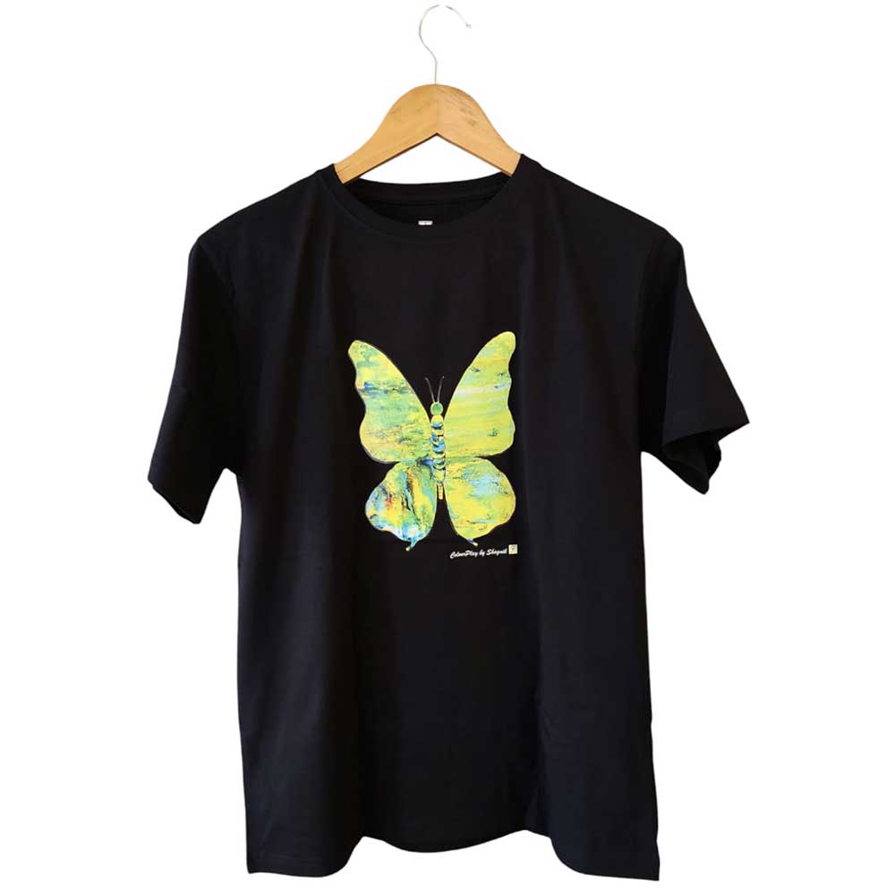 Front view of a black pure cotton t-shirt with a vibrant, hand-painted yellow butterfly design on a clothes hanger.