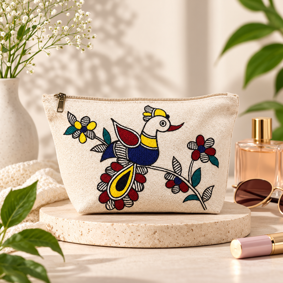 Close-up detail of the intricate hand-painted bird design on the cotton pouch fabric.