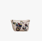 Front view of an artisan hand-painted cotton pouch with a vibrant bird and floral motif against a clean background.