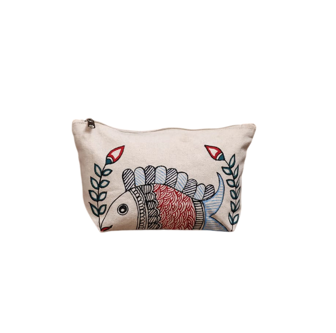 Front view of hand painted cotton canvas zipper pouch with folk art fish and floral motif