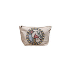 Front view of natural cream cotton canvas pouch featuring a vibrant hand-painted circular fish folk art design and top zipper closure