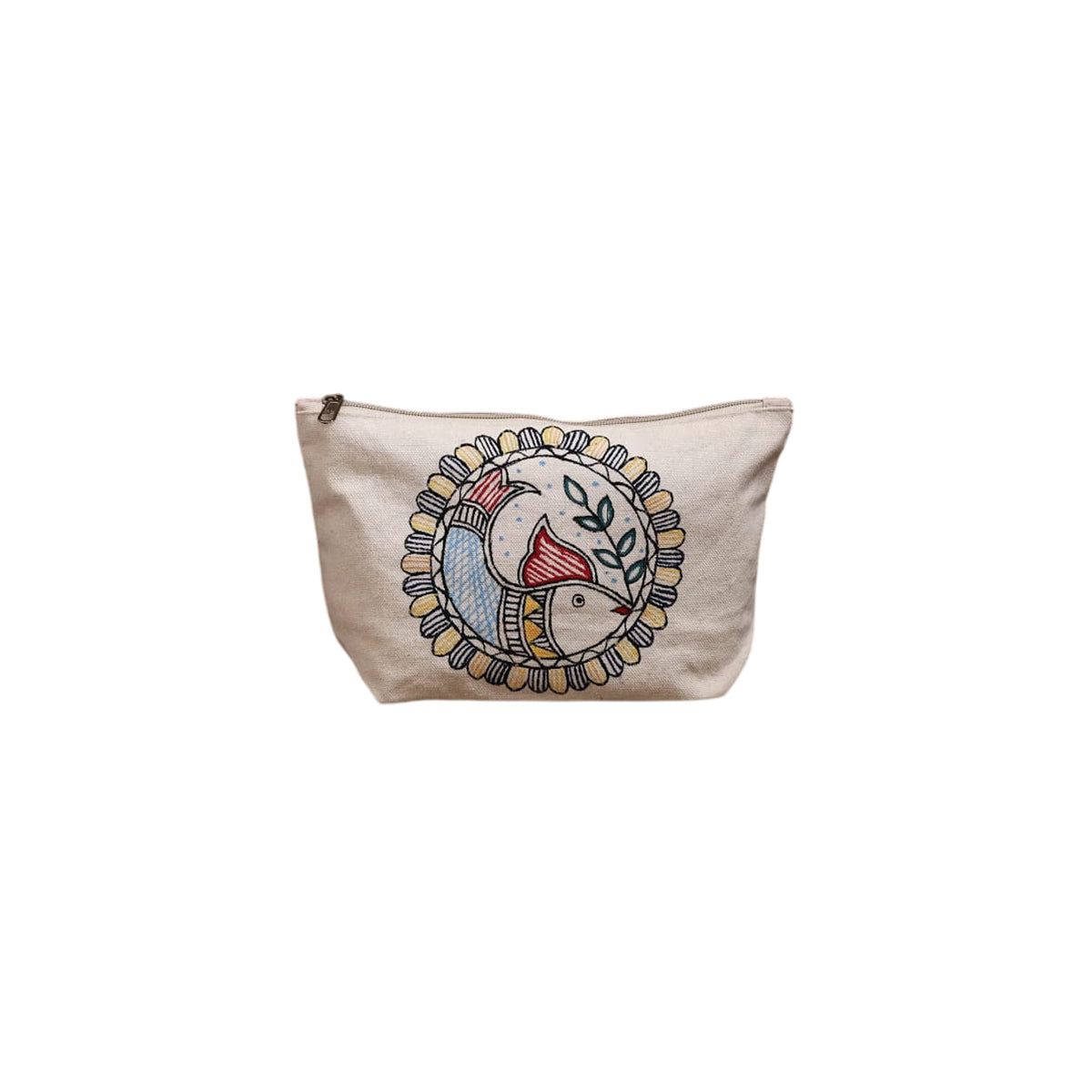Front view of natural cream cotton canvas pouch featuring a vibrant hand-painted circular fish folk art design and top zipper closure
