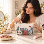 In-use lifestyle view of hand painted cotton pouch holding makeup and stationery items
