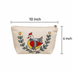 Hand-Painted Cotton Canvas Zipper Pouch - Folk Art Bird Red & Yellow Motif - angle detail view