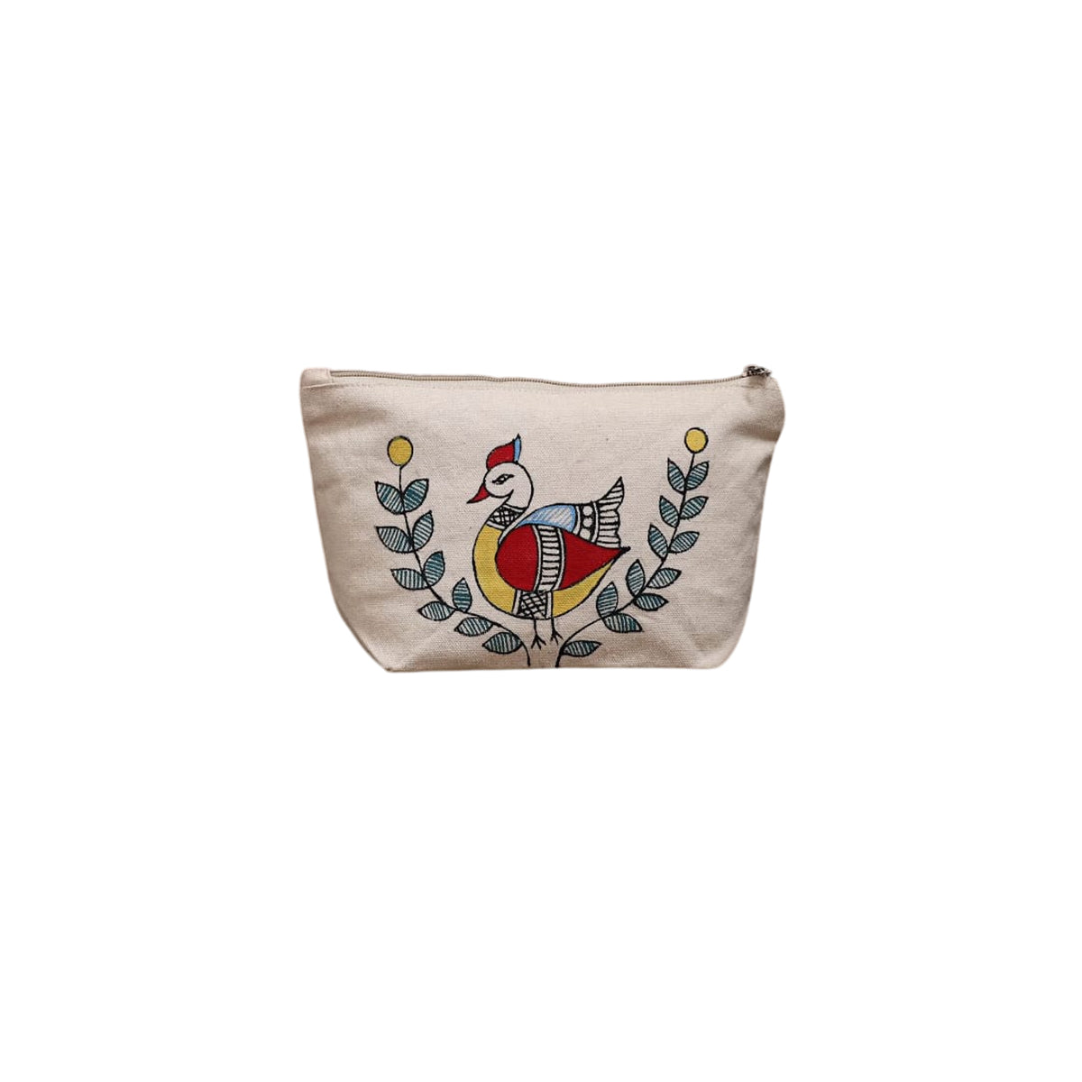 Hand-Painted Cotton Canvas Zipper Pouch - Folk Art Bird Red & Yellow Motif - hero front view
