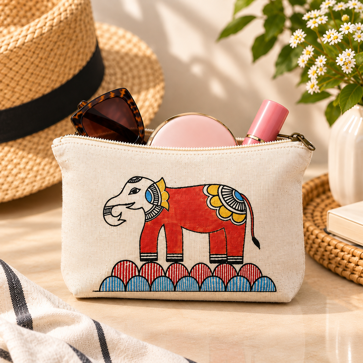 Reverse side of hand-painted natural cotton canvas zipper pouch