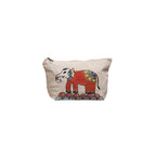 Front view of natural cotton canvas zipper pouch with hand-painted colorful folk art elephant