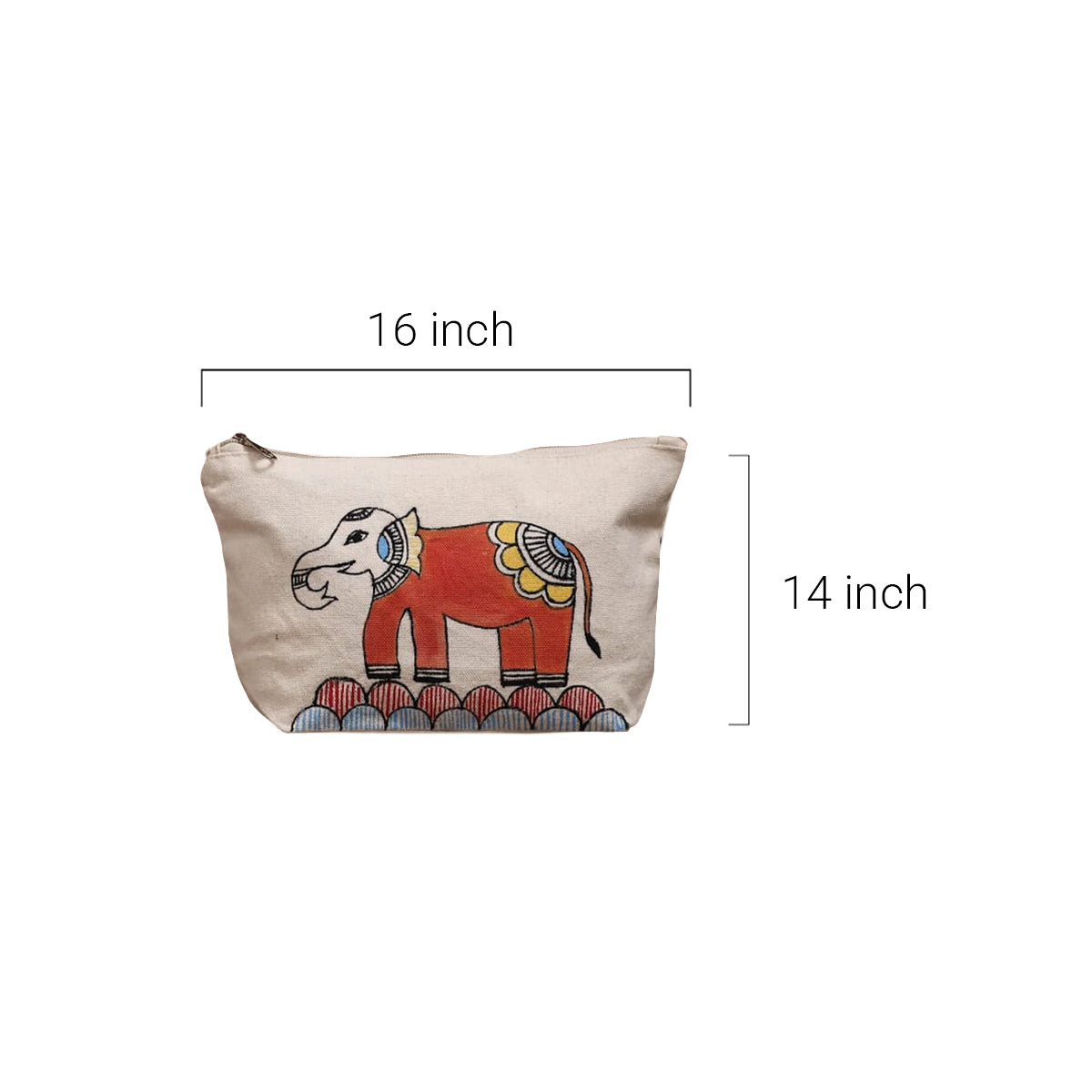 Angled view showing zipper closure and interior capacity of hand-painted cotton pouch