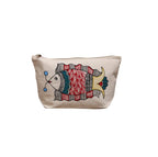 Front view of hand-painted cotton canvas fish makeup pouch with colorful folk art illustration and top zipper