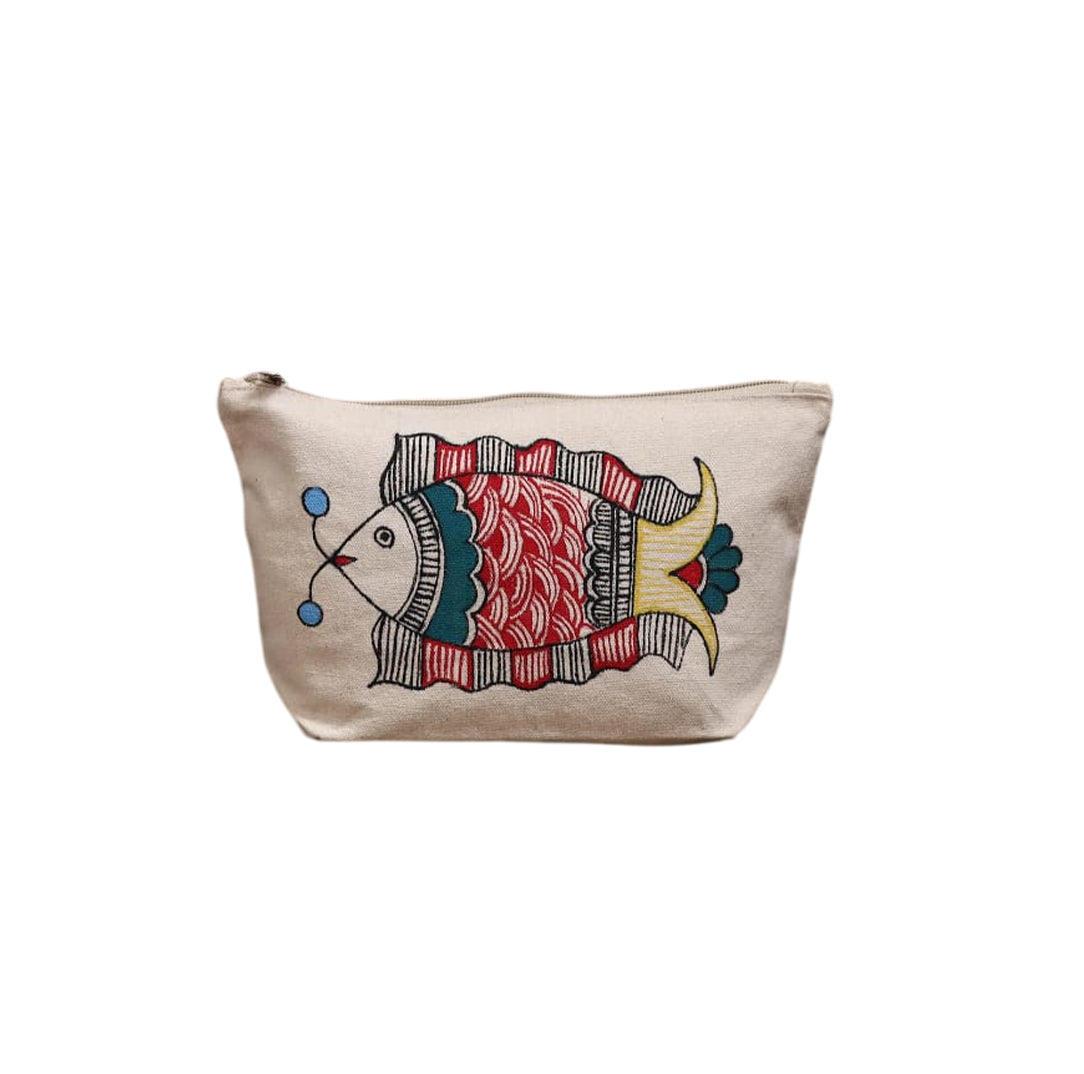 Front view of hand-painted cotton canvas fish makeup pouch with colorful folk art illustration and top zipper