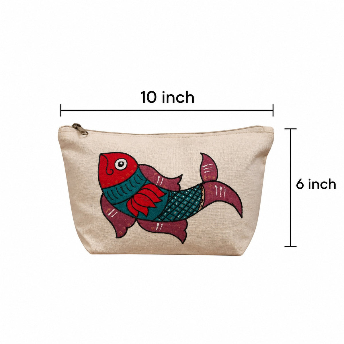 Detailed view of the hand-painted artistic fish pattern on the cotton canvas material.