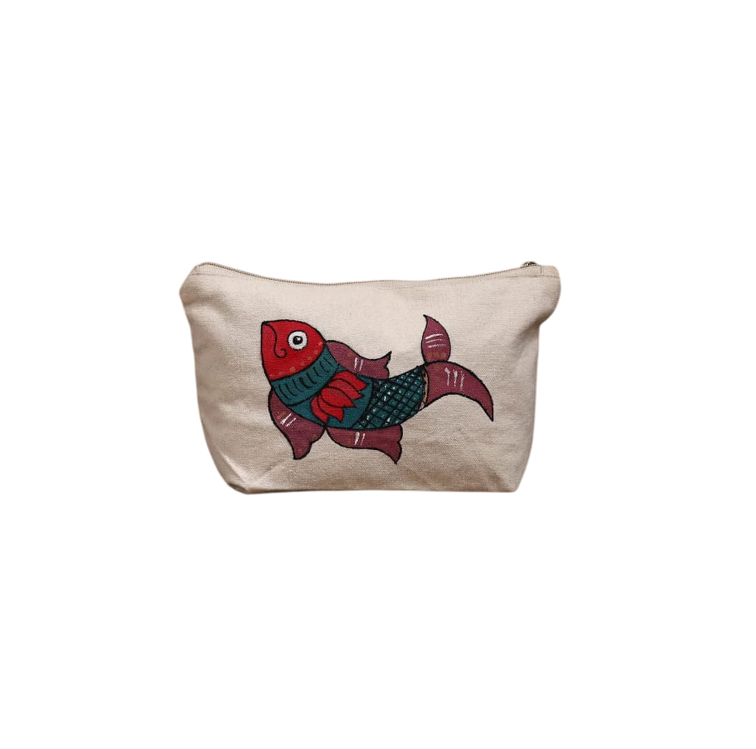 Front view of a natural cotton zipper pouch featuring a vibrant hand-painted red fish design.
