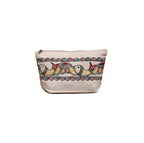 Front view of a rectangular cotton canvas pouch featuring a hand-painted traditional fish and wave pattern in red, yellow, and blue.