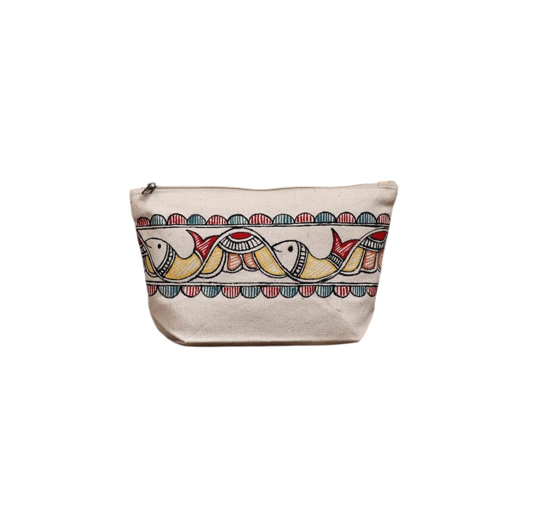 Front view of a rectangular cotton canvas pouch featuring a hand-painted traditional fish and wave pattern in red, yellow, and blue.