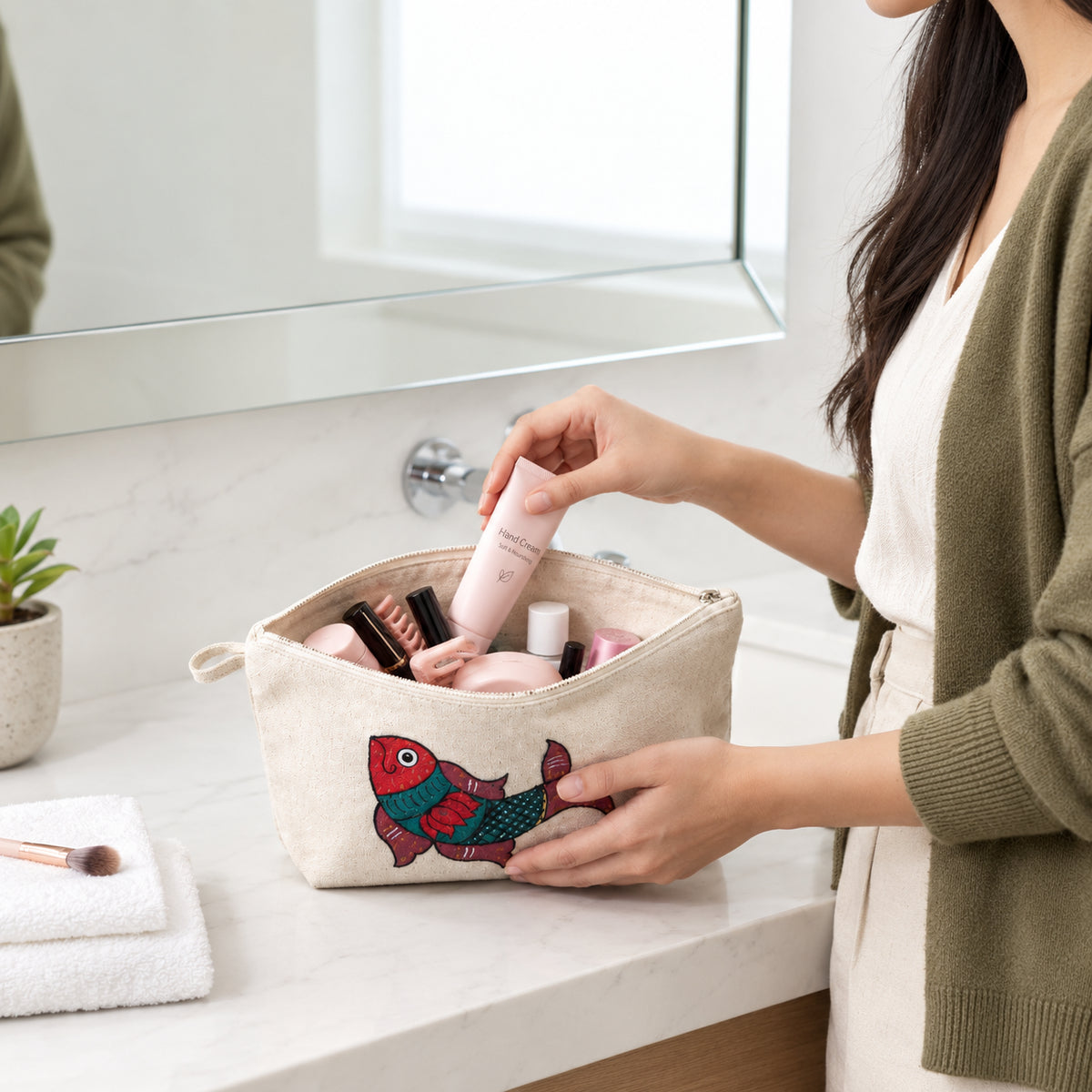 In-use image showing the cotton pouch being used to store personal accessories.